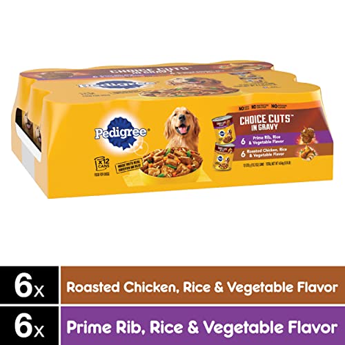 PEDIGREE CHOICE CUTS IN GRAVY Adult Canned Soft Wet Dog Food Variety Pack, Prime Rib, Rice & Vegetable Flavor and Roasted Chicken, 13.2 oz. Cans (Pack of 12)