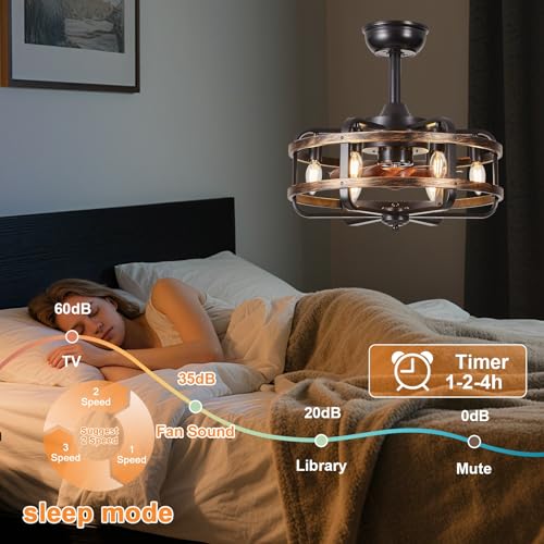 Caged Ceiling Fans with Lights Black Farmhouse 18‘’ Flush Mount Bladeless Rustic Chandeliers Fan Lights with Remote Vintage Reversible Ceiling Fan for Living Room Bedroom Kitchen 6 Light Bulb Base E12