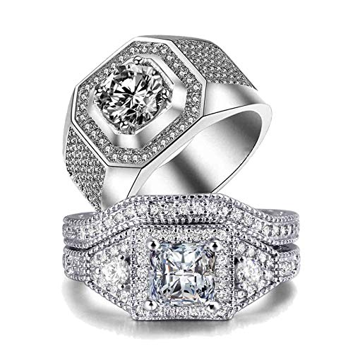 LOVERSRING 3pc His And Hers Couple Ring Bridal Set His Hers Women White Gold Plated Heart Cz Man Titanium Wedding Ring Band Set