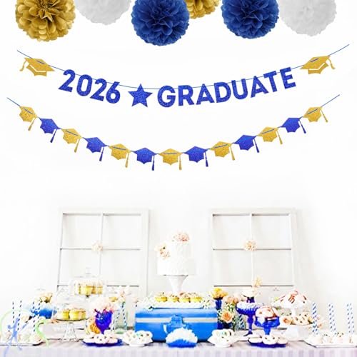 Image of Navy-Blue White-Gold Party-Decoration Graduation Banner - 8pcs Kits Cap Garland Streamers, Paper Tissue Pom Poms Flowers, 2025 Craduate Banner Congratulations Grad Decor Lasting Surprise