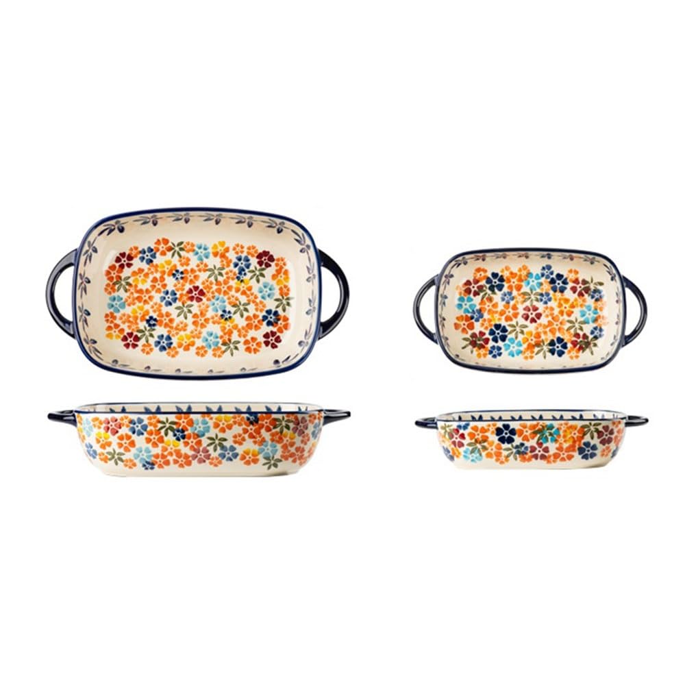 Plat de Cuisson Lot de 2 moules à pâtisserie en céramique Vintage rectangulaires Double poignée, Peints la Main, Motif Floral, Riz