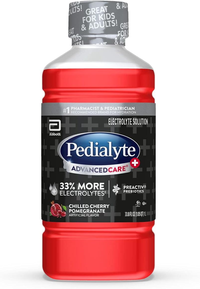 Pedialyte AdvancedCare Plus Electrolyte Hydration Drink, Has 33% More Electrolytes and Has PreActiv Prebiotics, Chilled Cherry Pomegranate, 1 Liter