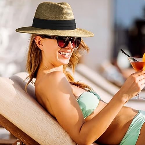 Women's Wide-Brimmed Straw Hat Panama Roll up Hat Summer Beach Sun Shade Cap UPF Lightweight Breathable Caps3