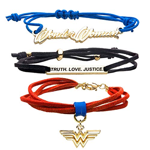 DC COMICS, WONDER WOMAN LOGO CORD BRACELET - Truth, Love, Justice & Wonder Woman Logo Premium CORD BRACELET - Set Of 3