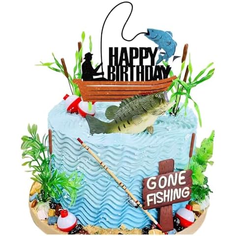 Fishing Cake Topper, 18pcs Gone Fishing Cake Topper With Bass Reed For Fisherman Themed Decoration And Retirement Party Supplies Cover
