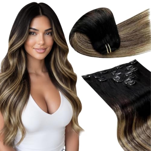 Image of LaaVoo Clip in Hair Extensions Real Human Hair Gentle on Natural Hair Soft | Human Hair Clip In Extensions, Black Balayage Brown Mix Caramel Blonde, 22 Inch 120g 7pcs, Add Volume, Quick Installation