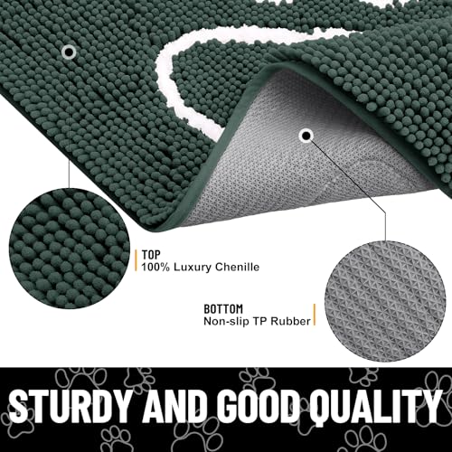 Image of Smiry Dog Door Mat for Muddy Paws, Absorbent Dirt Trapper Non Slip Quick Dry Washable Chenille Mat for Mud Dogs, Entry Rug for Indoor and Outdoor (47x24 Inches, Green and White)