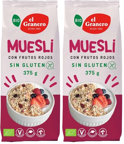 El Granero Integral - Muesli Frutos Rojos Sin Gluten Bio - 375 g - Fuente de Fibra y Nutrientes Esenciales - Mejora la Salud Intestinal - Ideal para el Desayuno - Apto para Veganos (Paquete de 2)