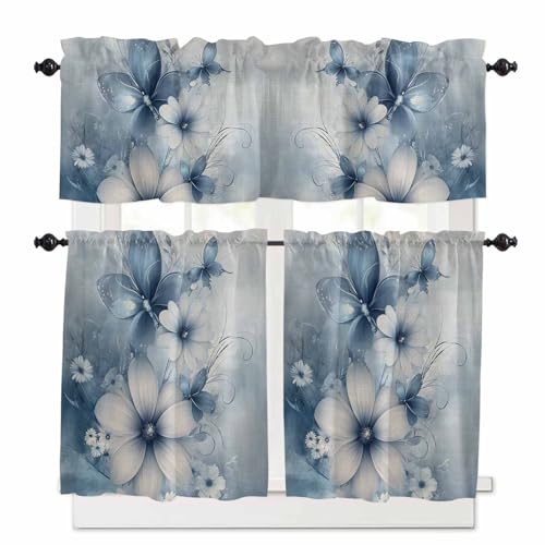 Blue White Daisy Kitchen Curtains 36 Inch Length, 3 Piece Rod Pocket Small Half Tiers and Valance Set, Vintage Elegant Butterfly Flowers Small Large Window Treatment Decor for Bedroom/Bathroom Sink