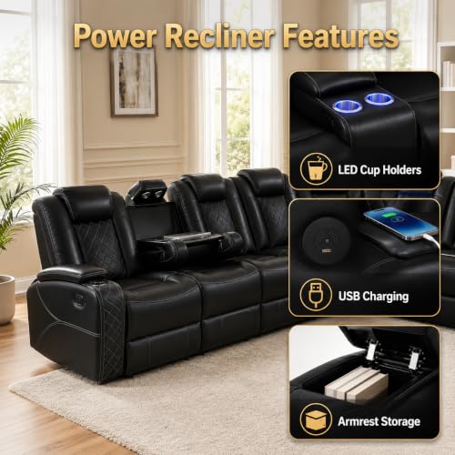 Image of Power Reclining Sectional Couch for Living Room, Black Leather Sectional Sofa Set with Recliner, LED Lights, Storage Console, Cup Holders, USB Ports, Home Theater Seating for Family Room