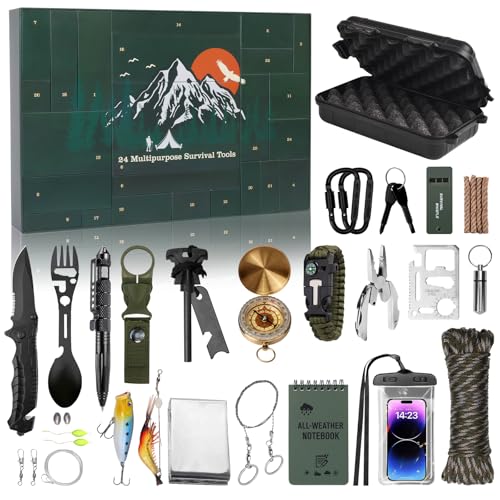Advent Calendar Survival Kits for Men - 24 Days Christmas Countdown Calendar Emergency Survival Gears Gift for Teen Adult, 2025 Xmas Cool Gadgets for Outdoor Camping Fishing Hunting Adventure
