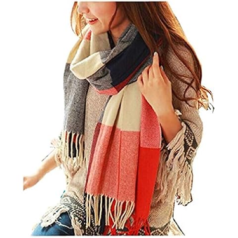 Loritta Womens Scarf Fashion Long Plaid Shawls Wraps Big Grid Winter Warm Lattice Large Scarves Gifts, Red Navy Lattice Cover
