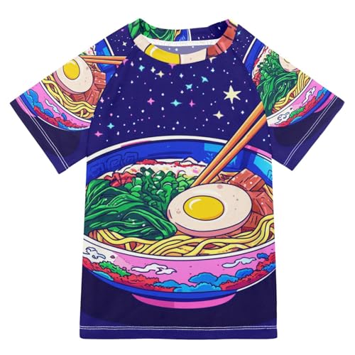 Boys Swing Shirts Ramen Noodle Egg Blue Rashguard Short Sleeve Kids T-Shirts Sun UPF 50+