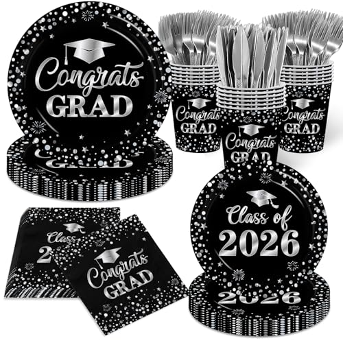 2026 Graduation Decorations Party Supplies Tableware Set-200Pcs Black and Silver Plates and Napkins College High School Graduation Party Dinnerware Decorations (Black and Silver)