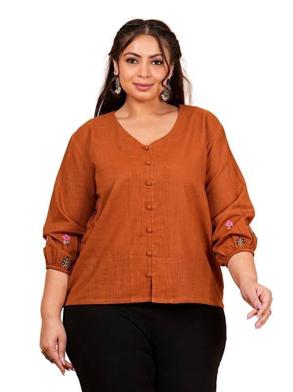Women’s Plus Size Slub Fabric Top V-Neckline Embroidered Sleeves (Brown)
