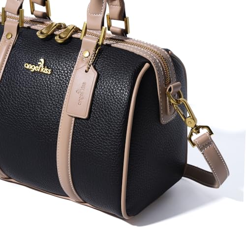 Image of Angel Kiss Women Satchel Purses and Handbags Vegan Leather Boston Barrel Bag Top Handle Shoulder Purse with Crossbody Strap | Vegan Leather