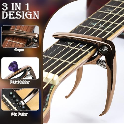 Image of TecoKart Guitar Capo with 5Pcs Picks, 3 in 1 Zinc Alloy Capo for Ukulele, Acoustic and Electric Guitars, Guitar Accessories for Clear Sound and Fret Protection