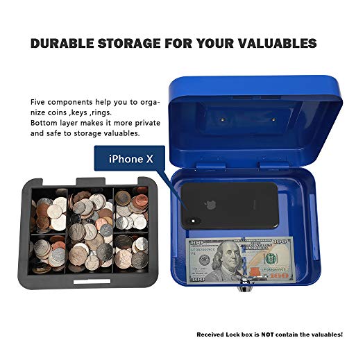 Image of KYODOLED Cash Box with Money Tray,Storage Safe Lock Box with Key,Cash Drawer,7.87 inchx 6.30 inchx 3.54 inch Blue Medium
