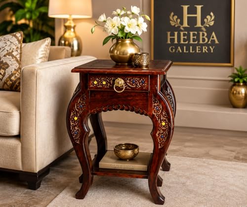 Wooden Stool Natural Wood Antique Look Side Table with Drawer for...