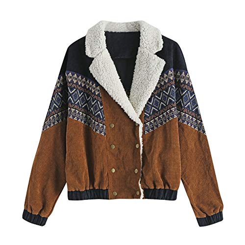 ZAFUL Women's Double Breasted Tribal Print Corduroy Jacket Faux Shearling Collar Coat Brown L