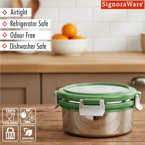Image of Signoraware Lock N Store Stainless Steel Round Container With Steel Lid | Airtight & Leakproof | Compact & Durable | Ideal for Snacks, Office, School & Travel Use (350ml | EGreen)