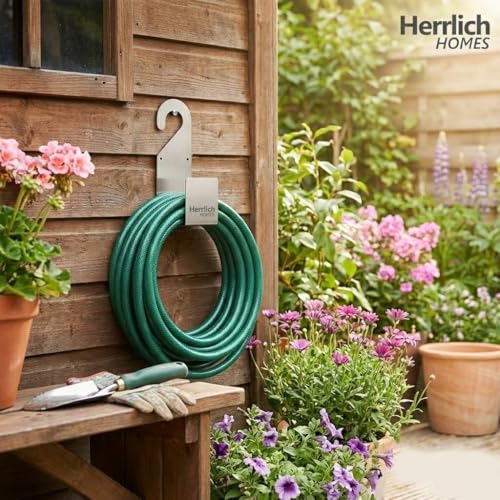 Image of Herrlich Homes Durable Heavy Duty 304 Stainless Steel Garden Pipe Stand | Wall Mounted Watering Hose Holder | Portable Irrigation Hose Hanger | Garden Pipe Holder Hook | Pack of 2 | Steel