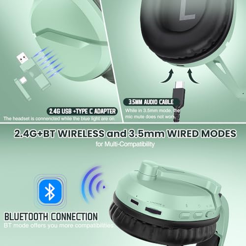 Image of Wireless Gaming Headset with Noise Canceling Microphone for PS5, PC, PS4, 2.4G /Bluetooth Gaming Headphones with USB and Type-c Connector, Wired Mode for Controller (Green)