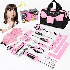 SHALL 26-Piece Kids Size Tool Set, Pink Real Tools for Kids with 12″ Tool Bag, Safety Certified Children Learning Tool Kit with Hand Tools for Boys & Girls Age 6+, DIY Building, Woodwork, Construction
