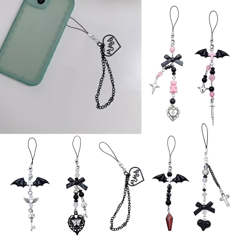 JSGHGDF Goth Phone Charm Pendant -Key Chain For Bag Cute Accessory Women Guitar Strap Lanyard Beaded Keychain Pendant
