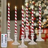 Baquler 6 Pcs Candy Cane Flameless Taper Candles Battery Operated LED Christmas Candlesticks 10.6 Inch with Remote Timer 3D Wick Window Candles for Christmas Party Wedding Home Decor (Red, White)