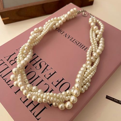 Faux Pearl Twisted Necklace Pearl Cluster Choker Necklace Multi strand Imitation Pearl Necklace Chunky Statement Necklace for Women4