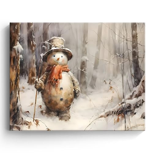 Christmas Wall Art Vintage Snowy Snowman in Winter Forest Pictures
