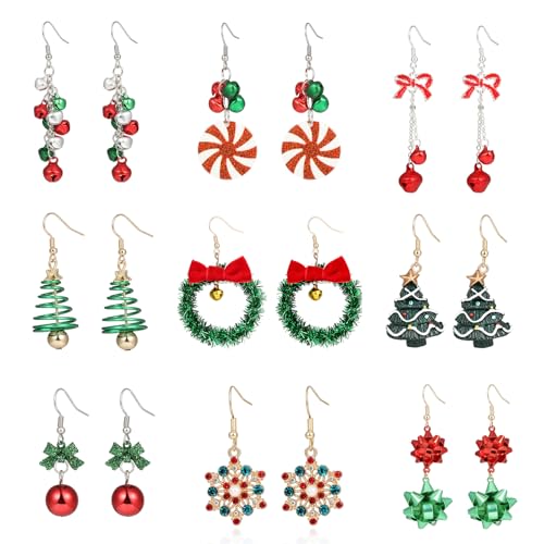 Christmas Earrings Set for Women Chritmas Ornament Earrings Xmas Tree Jingle Bell Bow Snowflake Wreath Hook Dangle Earrings Holiday Festive Jewelry Gifts