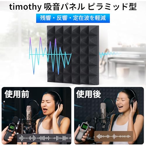 timothy 吸音材 吸音パネル ピラミッド型 吸音スポンジ 防音材 防音パネル 防音シート 12枚セット 24枚セット 30×30×5cm の商品画像 2