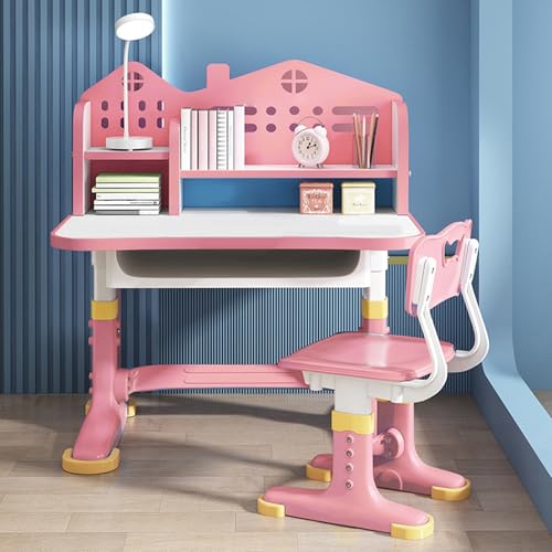 Image of Kids Desk and Chair Set with Castle Backboard - Height Adjustable Children's Study Table with Storage Drawer & Bookstand, Widened Desktop & Ergonomic Chair for Boys Girls 3-12 Years (Pink)