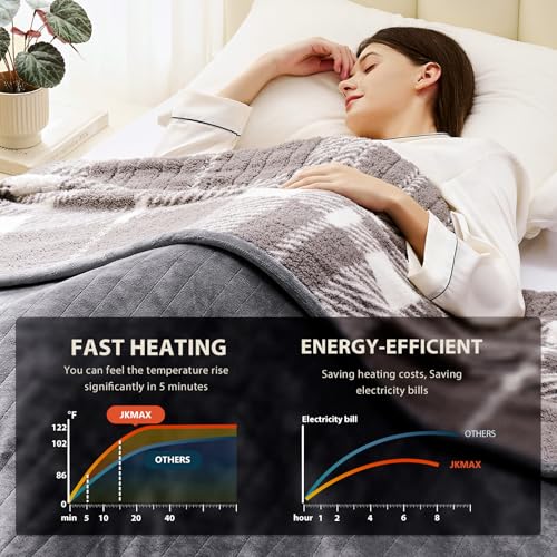 JKMAX Heated Electric Blanket King Size - 100"x90" Flannel Heating Blanket with 10 Heating Levels & 5 Time Settings Over-Heat Protection, Winter Warmer for Adults with ETL Certification(Grey)