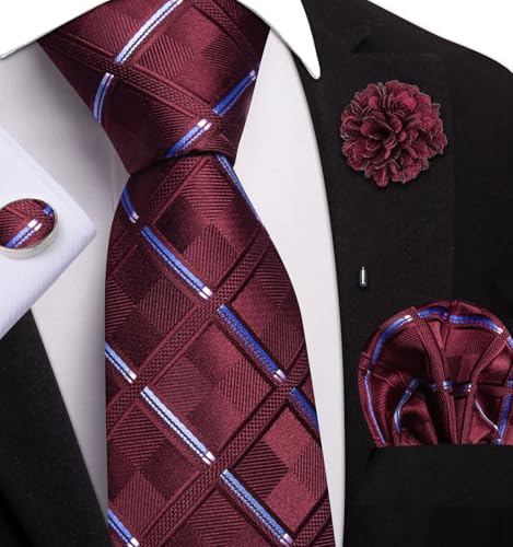 Image of Mens Tie and Lapel Pin Paisley Striped Floral Necktie for Men Pocket Square Cufflinks 4PCS Set Wedding Party