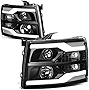 Auto Dynasty [Halogen] Dual LED DRL Strip Projector Headlights Assembly Compatible with 2007-2014 Chevy Silverado 1500 2500HD 3500HD, Pair, Black Housing