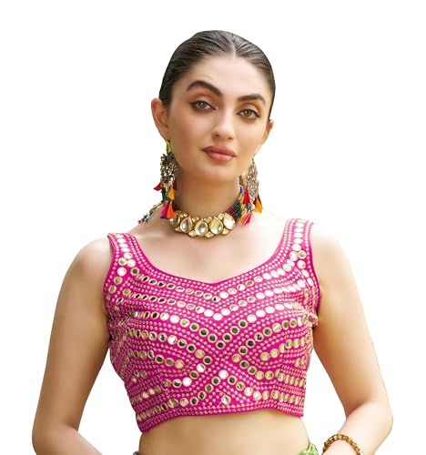 Pujia Mills Women's Embroidery Work Real Mirror Sleeveless Readymade Blouse