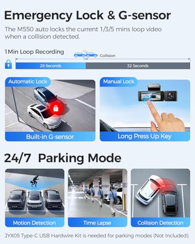 Image of AZDOME M550 4K WiFi 3 Channel On Dash Cam, Dual Front and Rear for Car 4K+1080P Free 64GB Card, Built-in GPS 24H Parking Mode IR Night Vision WDR 3.19 inch IPS, Max up Support to 256GB