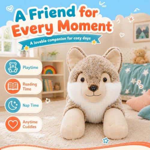 Image of BENINY 47 Inch Giant Wolf Stuffed Animal, Large Soft Wolf Plush Toy, Fluffy Stuffed Wolf Pillow for Kids, Birthday