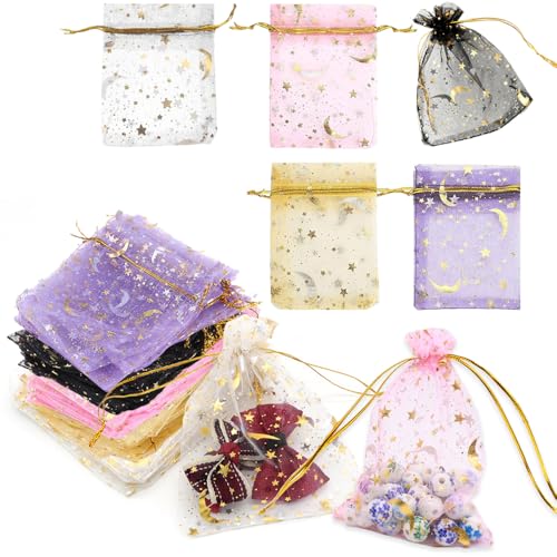 ESJNNK オーガンジー巾着袋 5色 50枚セット ギフトラッピング袋 ギフトバッグ 箔押し 星と月 無地 透明 小物収納 ジュエリー 収納 誕生日 結婚式 プレゼント ラッピング 小分け袋 (5色, 9×12cm)