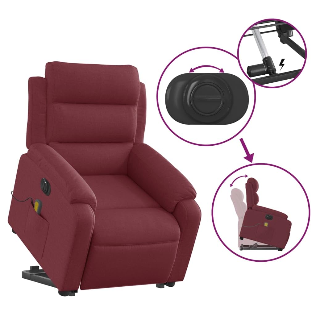 Sillón elevador eléctrico reclinable con 6 puntos de vibración, tejido rojo vino, función de elevación e inclinación a 135 grados, estructura estable