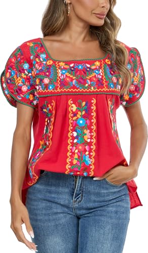 Mexican Shirts for Women Embroidered Tops Traditional Peasant Summer Tunic Blouse2