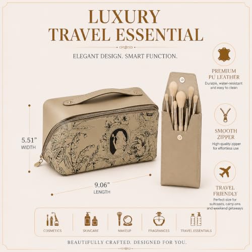 Image of Travel Makeup Bag with Make Up Brushes Makeup Bag Organizer Large Capacity Floral Cosmetic Bag for Women with Compartments Waterproof Leather Flat Open Portable Cosmetic Travel Bag with Handle Beige