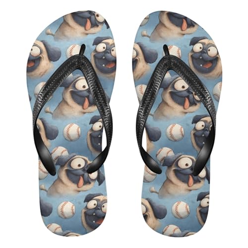 Flip Flop Sandals Baseball Pug Print for Women Men Beach Outdoor XS