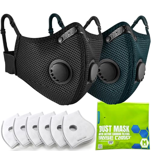 BASE CAMP Upgrade M Plus Dust Mask, Reusable Respirator with 99.9% Effective Carbon Filters for Woodworking, Breathable Face mask Against Dust for Construction, Landscaping, Sanding, Painting