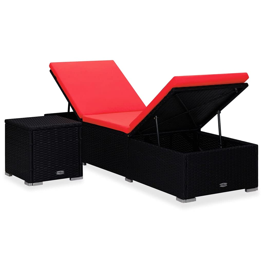 Lettino Prendisole con Cuscino e Tavolino in Polyrattan Rosso, Letto Relax da Giardino Regolabile, Divano Solarium con Cuscino Imbottito per Piscina Terrazza Spiaggia, Agli Agenti Atmosferici