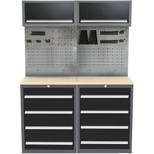 JZD Steel Garage Storage System, Tool Cabinet with Locks Workshop Set, Wood Workbench Table Top