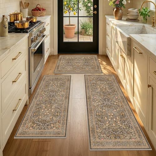 JTJ Brown Washable Kitchen Rugs Sets of 3, Non-Slip Low Pile Floor Mats with Warm Vintage Floral Pattern, Soft-Feel Runner Rug for Sink Area, Laundry Room and Home Décor 20"x32"+20"x48"+20"x